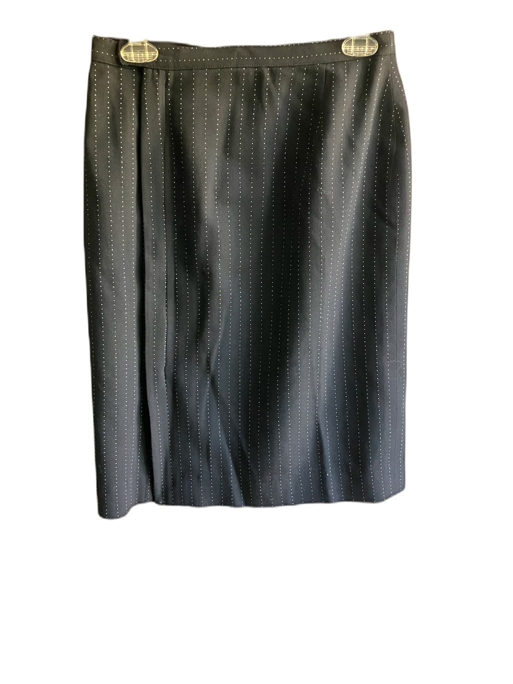 Armani Collezioni Black Pencil Skirt Size 8 Wool White Pinstripes Zip Front Slit